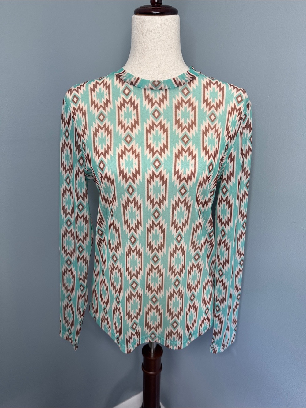 Women's Blue/Brown m Aztec Print Sheer Blouse Top Sz L/XL
